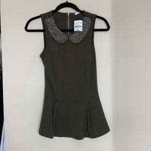 Soprano Olive Peplum Tank Top w/ Sparkle Collar S
